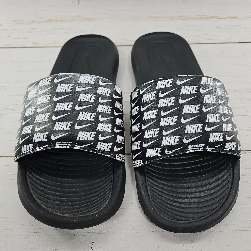 Nike Victori One Print Slides Mens 10 Black White Athletic Sandals CN9678-006